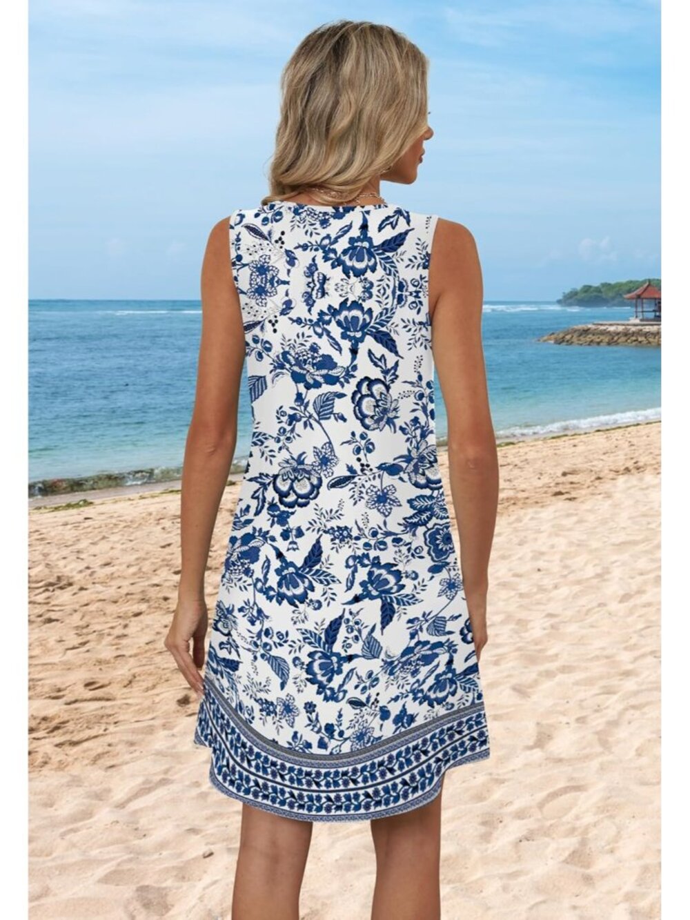 Women's Summer Dress Ethnic V Neck Sleeveless Dress Sundresses Swimsuit Coverup - Picture 5 of 5
